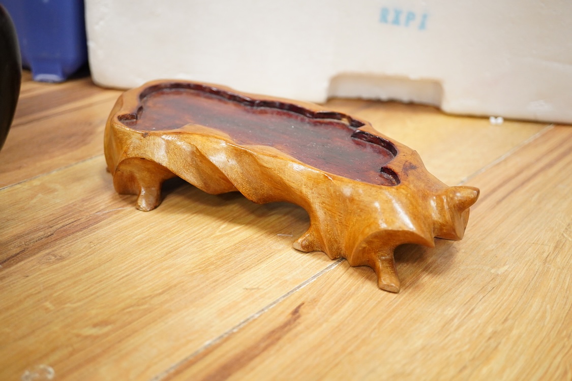 A large collection of Chinese hardwood stands, including a pair 24cm diameter x 18cm high